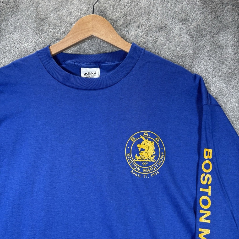 Vintage Adidas 1995 Boston Marathon T Shirt Mens L Blue Long Sleeve Made In USA